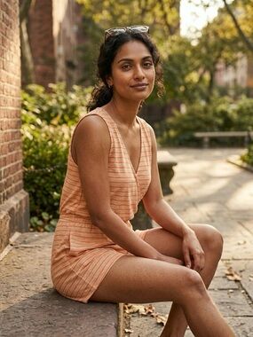 SO Faux-Wrap Knit Romper – Orange Stripe‎ – Women M – NWT